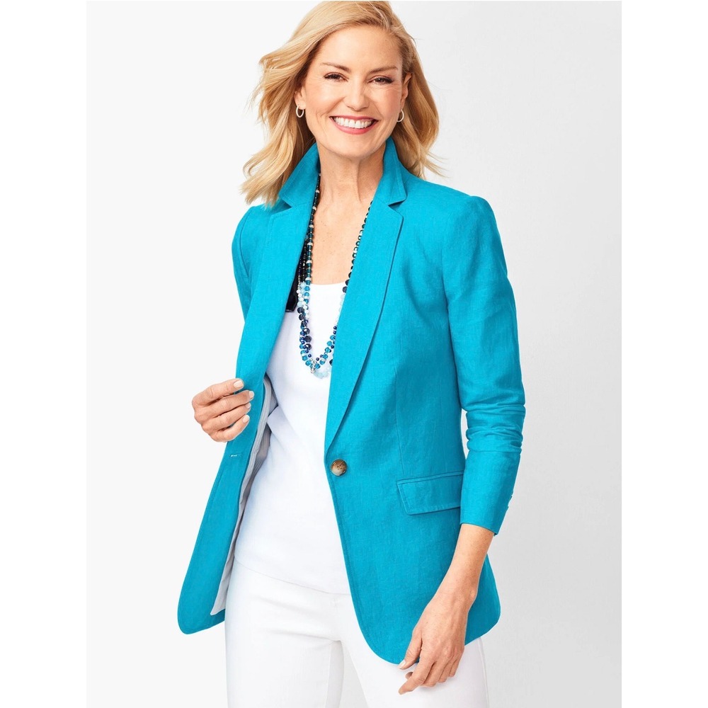 Talbots Womens 18 Turquoise Blue 100% Linen Single Button Blazer Jacket
